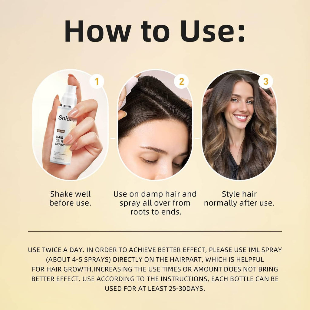 Hair growth spray bottle shown for use, with numbered application steps