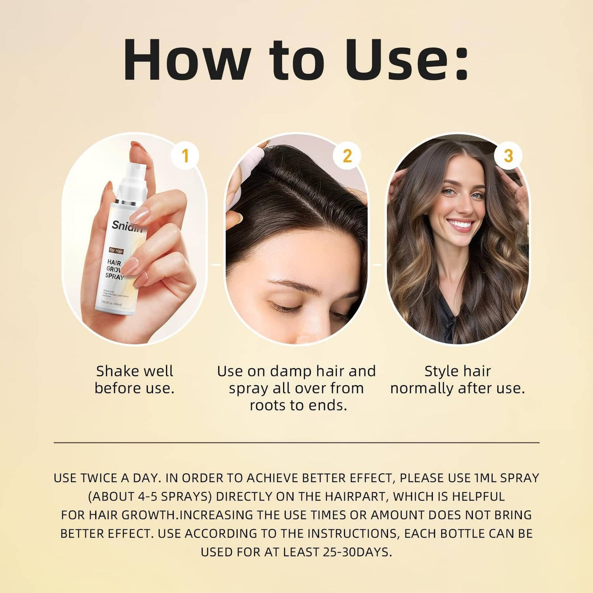 Hair growth spray bottle shown for use, with numbered application steps