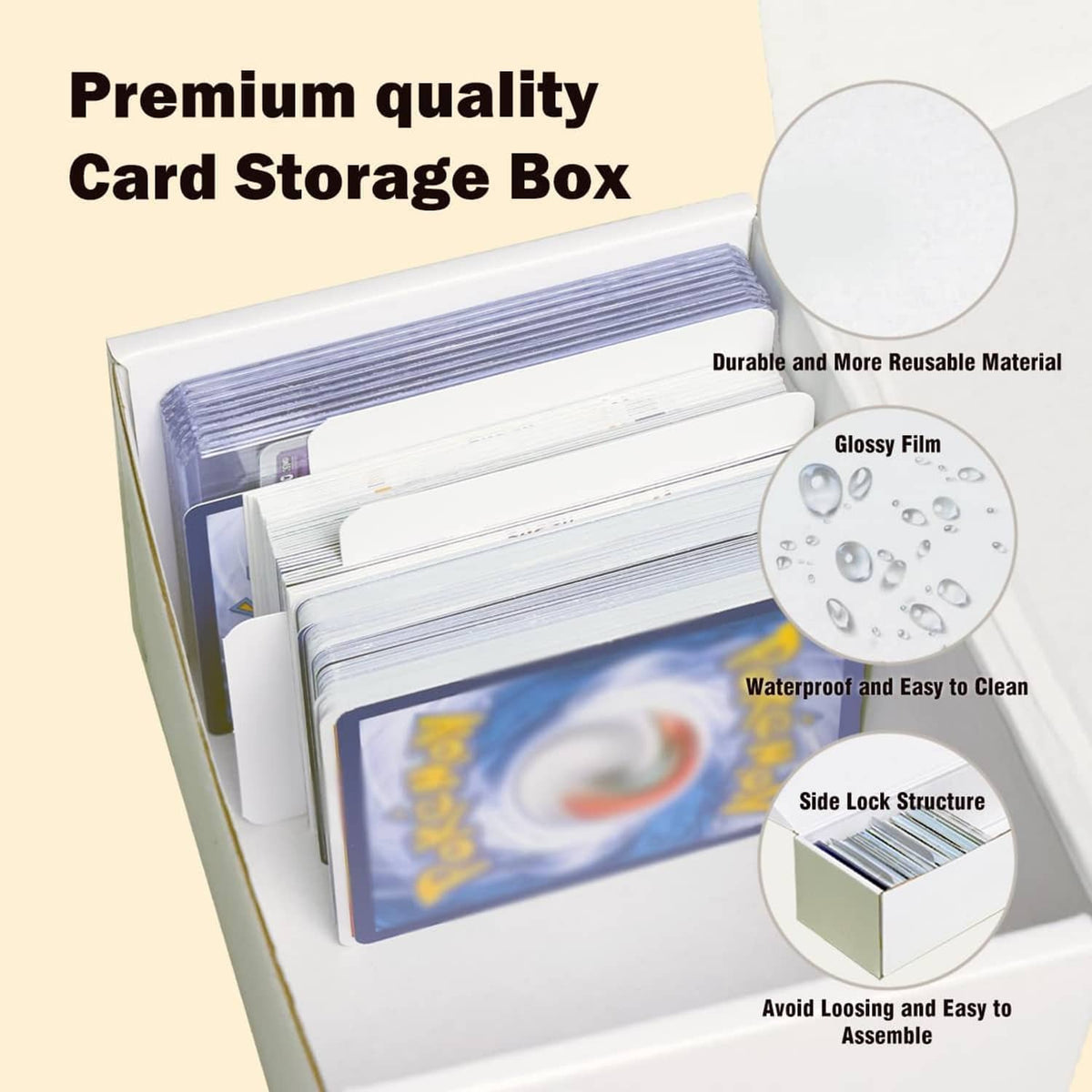 White cardboard card storage box with stacked cards and side-lock structure detail