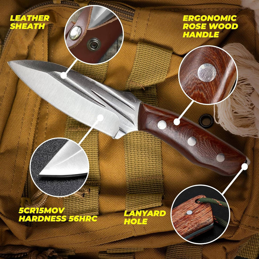 Wood-handled fixed blade knife with brown leather sheath, close-up on handle and guard