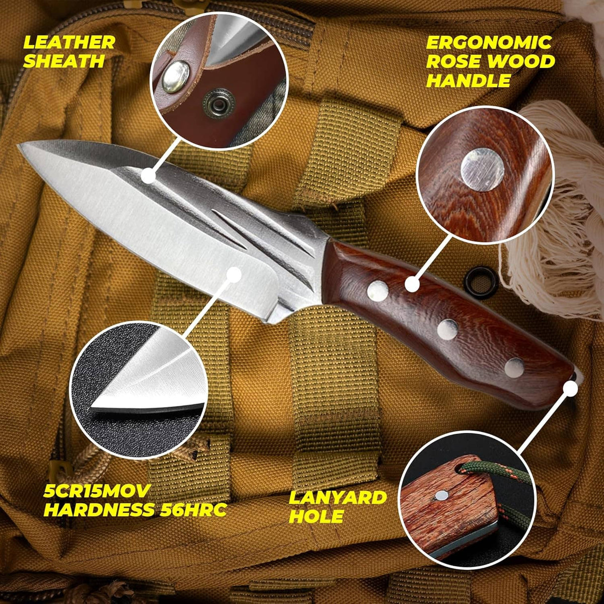 Wood-handled fixed blade knife with brown leather sheath, close-up on handle and guard