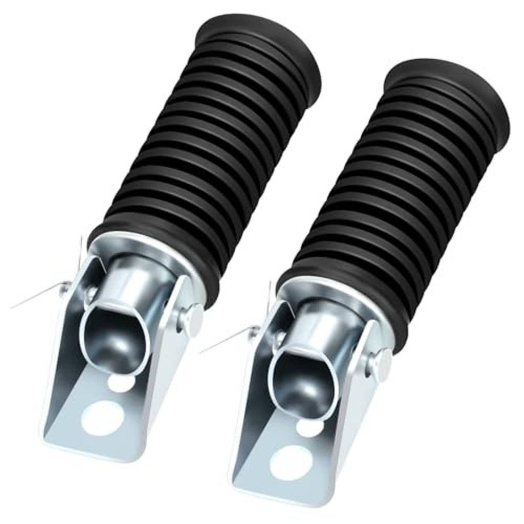 Pair of mini bike foot pegs with black ribbed rubber sleeves and silver mounting brackets