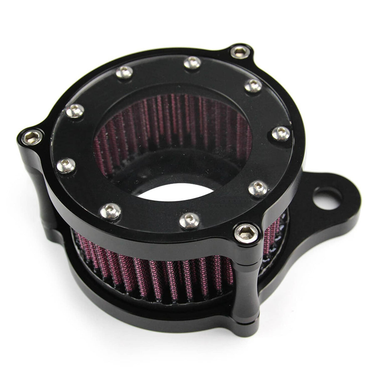 Black air cleaner intake filter housing with round purple/red pleated filter and bolts