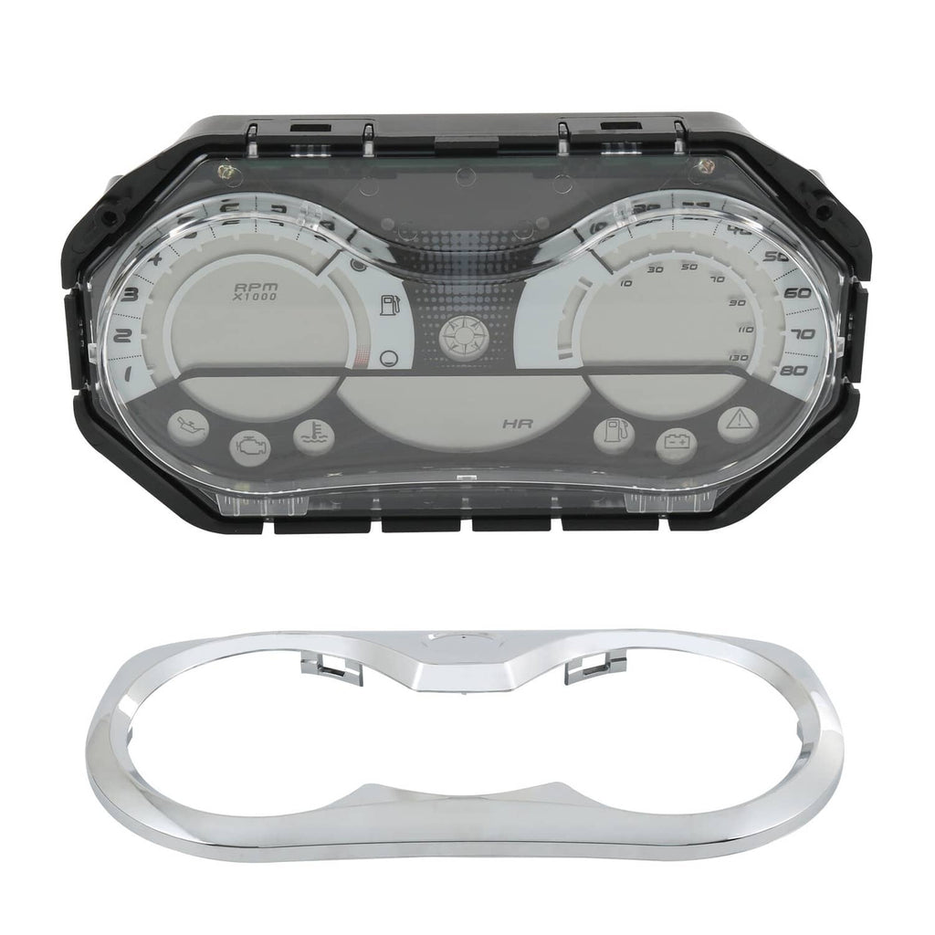 LCD speedometer gauge cluster with chrome bezel ring, front view