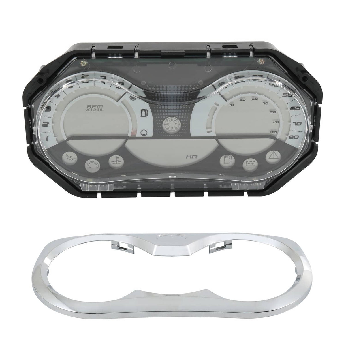 LCD speedometer gauge cluster with chrome bezel ring, front view