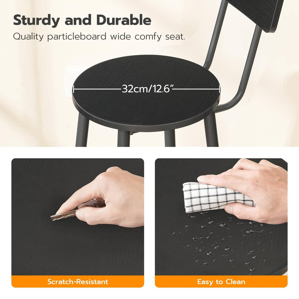 Black round bar stool seat with textured finish and curved backrest