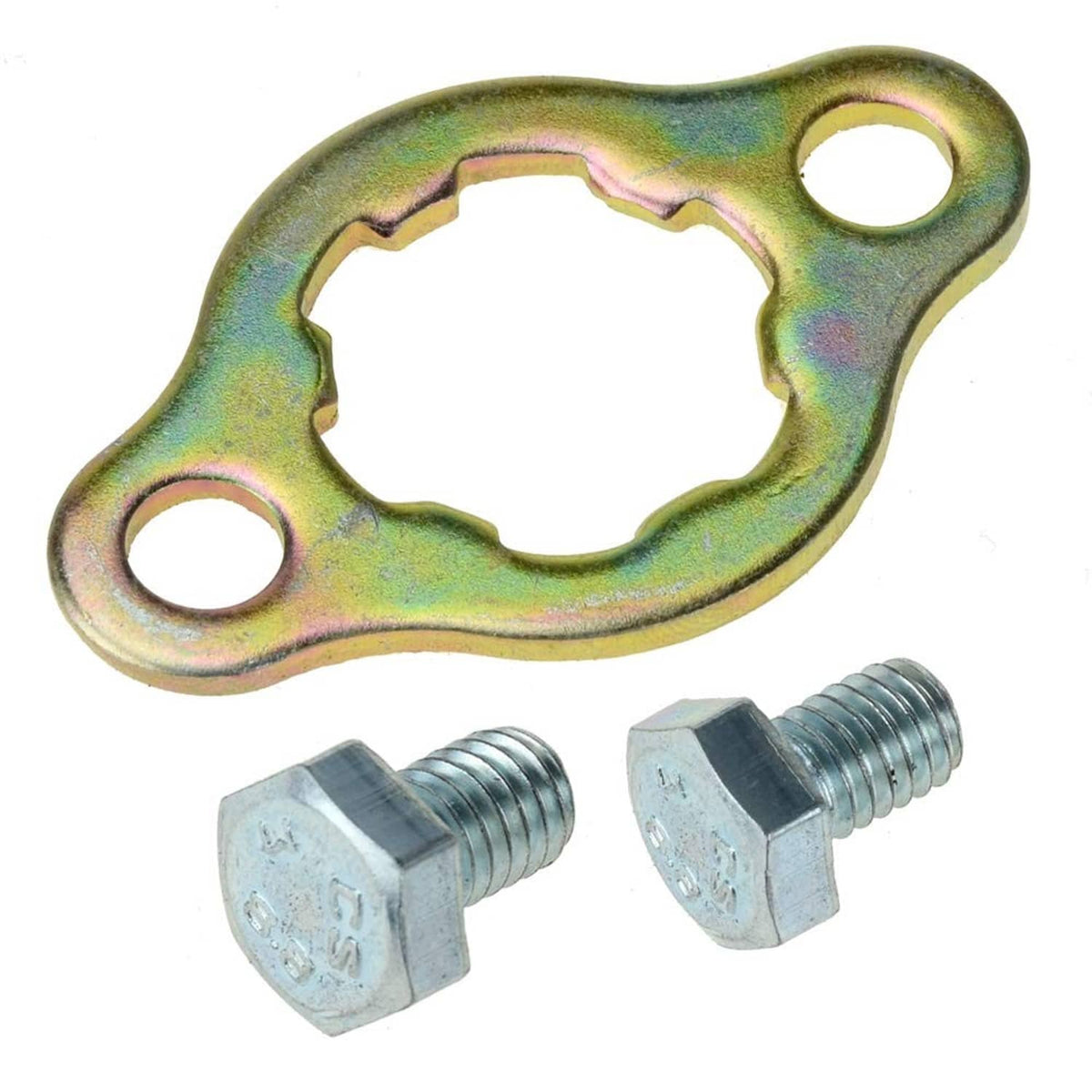 Green/yellow zinc front sprocket mounting plate with two holes and center bore