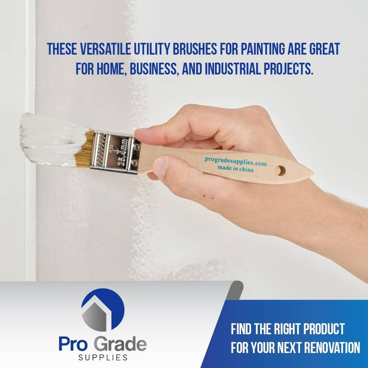 Paint chip brush with light-brown bristles applying paint to a textured wall