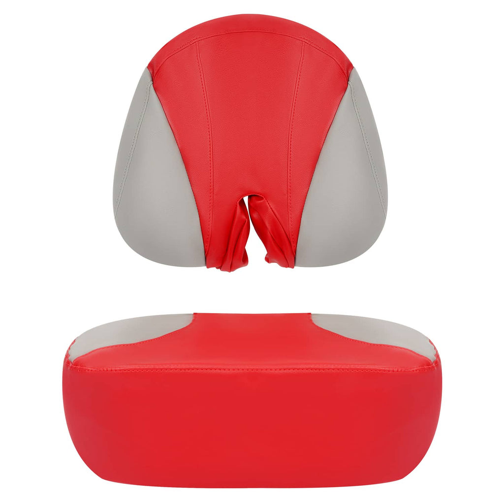 Red and gray seat cover set with V-stitched back and center pull-through opening