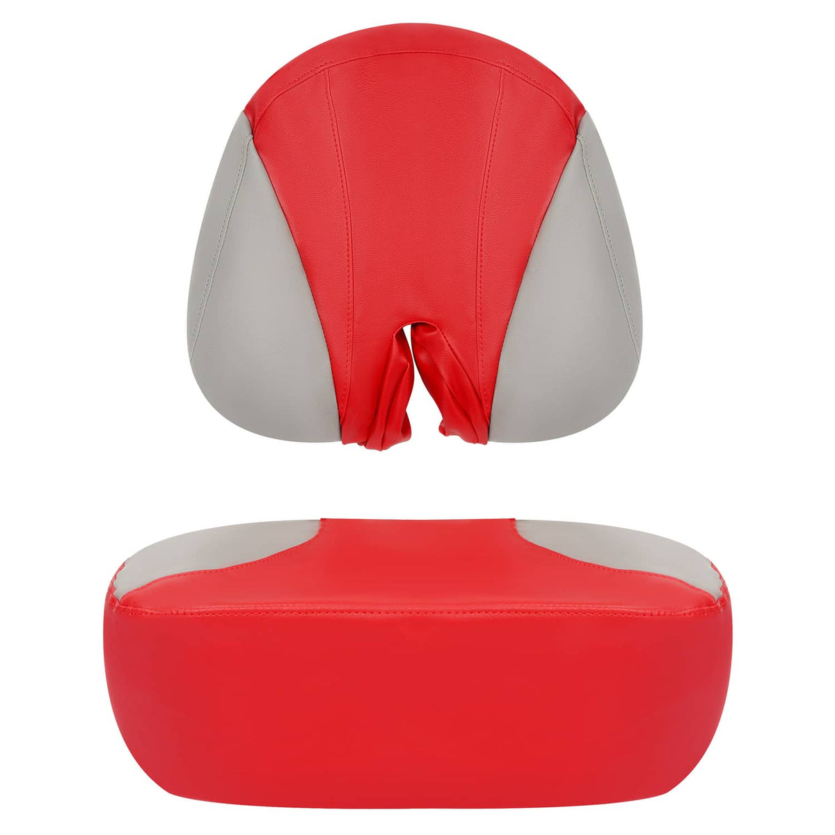 Red and gray seat cover set with V-stitched back and center pull-through opening