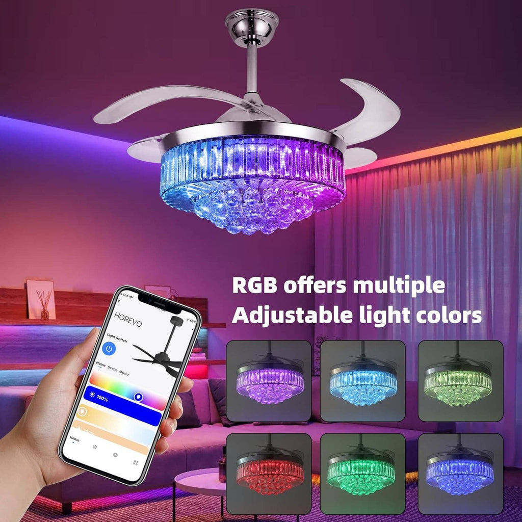 Chrome ceiling fan with RGB crystal light, adjustable multi-color lighting shown