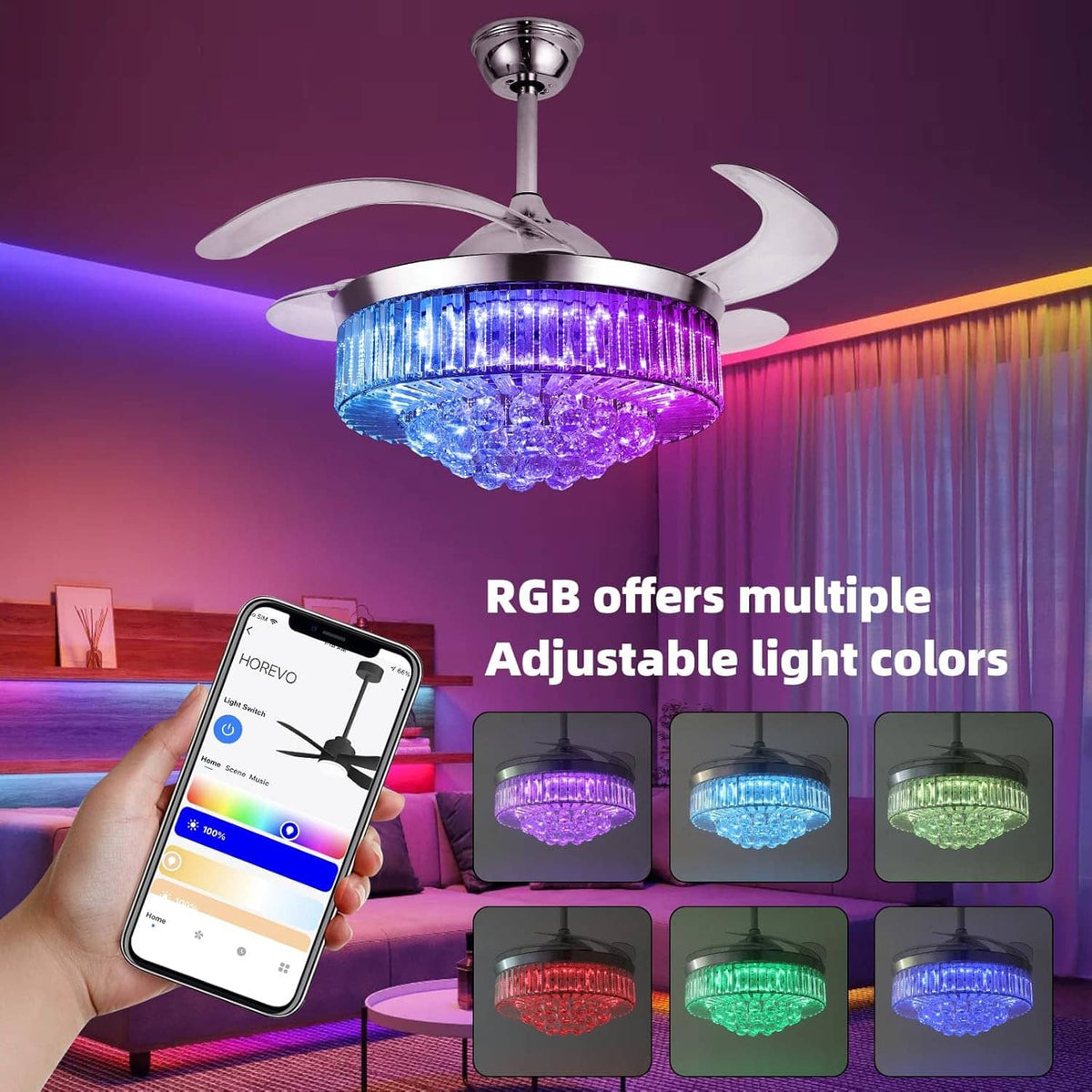 Chrome ceiling fan with RGB crystal light, adjustable multi-color lighting shown
