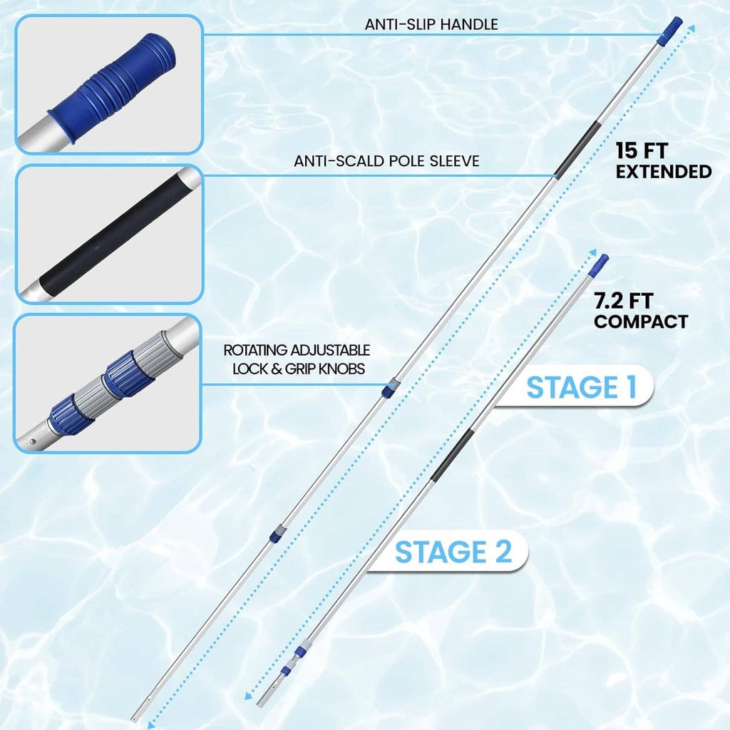 Extended telescopic pool cleaning pole with blue handle and anti-slip grip sleeve