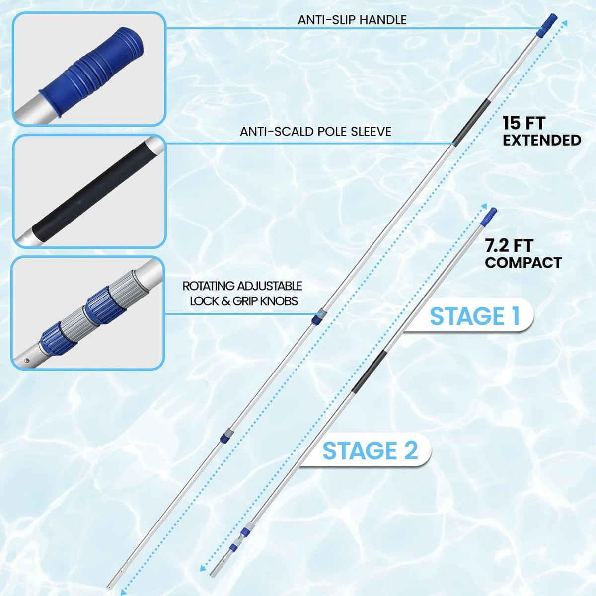 Extended telescopic pool cleaning pole with blue handle and anti-slip grip sleeve