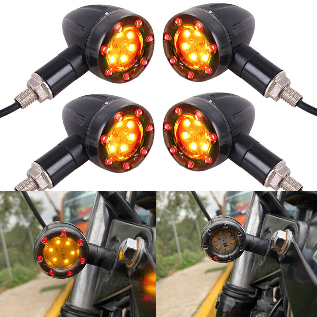 Black LED turn signal lights with glowing amber bulbs, 4-piece set with threaded mounts