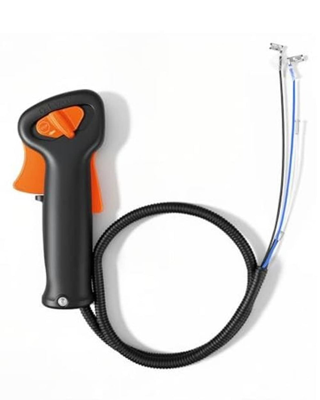 Throttle control handle assembly, black body with orange trigger, coiled cable and leads