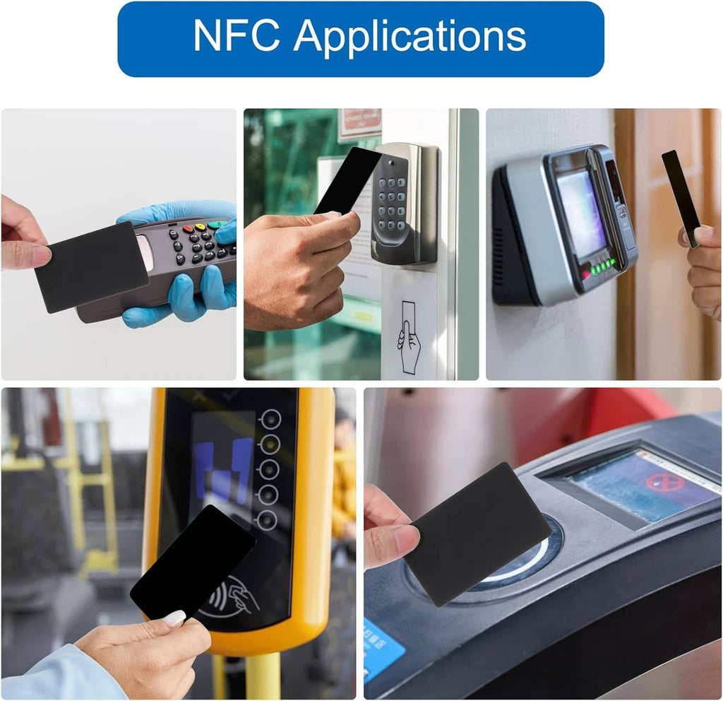 Black NFC cards used at access terminals and payment readers, shown tapping