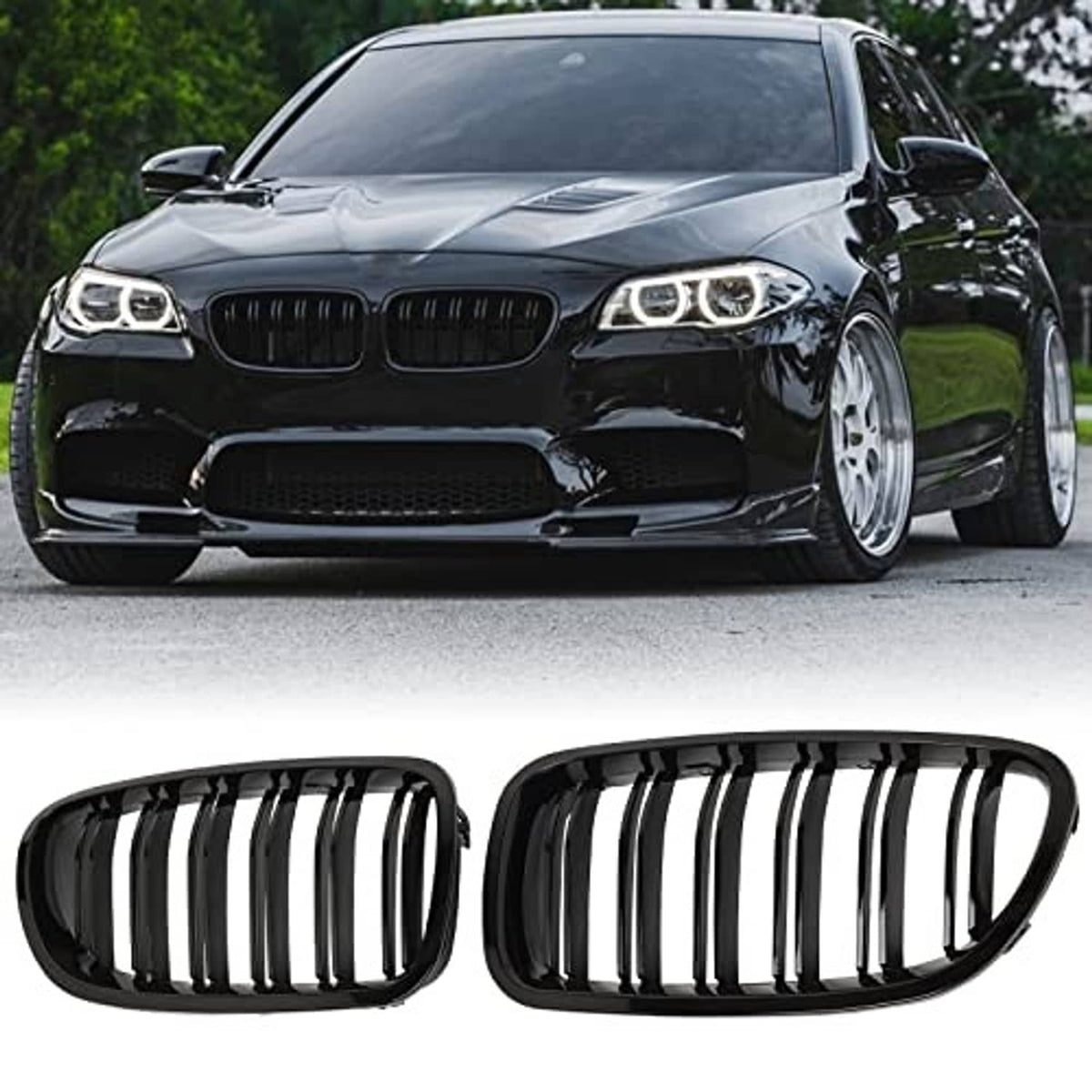 Gloss black double-slat kidney grille inserts with curved oval frames, pair