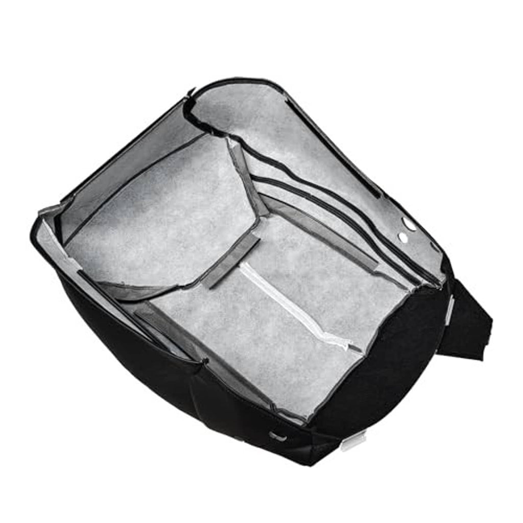 Black leather seat cover underside with fitted foam panels and strap openings
