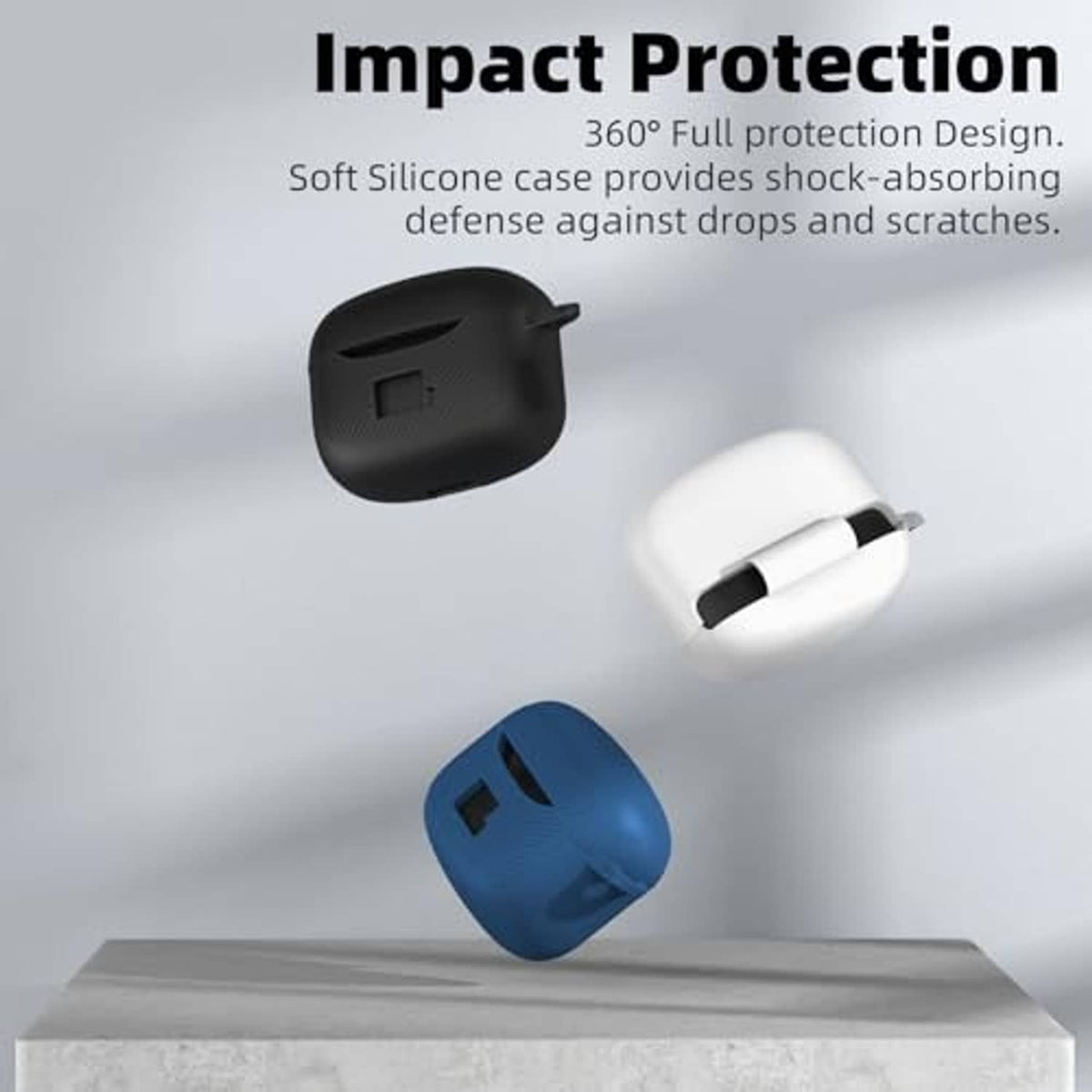 Black and blue silicone earbud cases with protective lids and carabiner clip