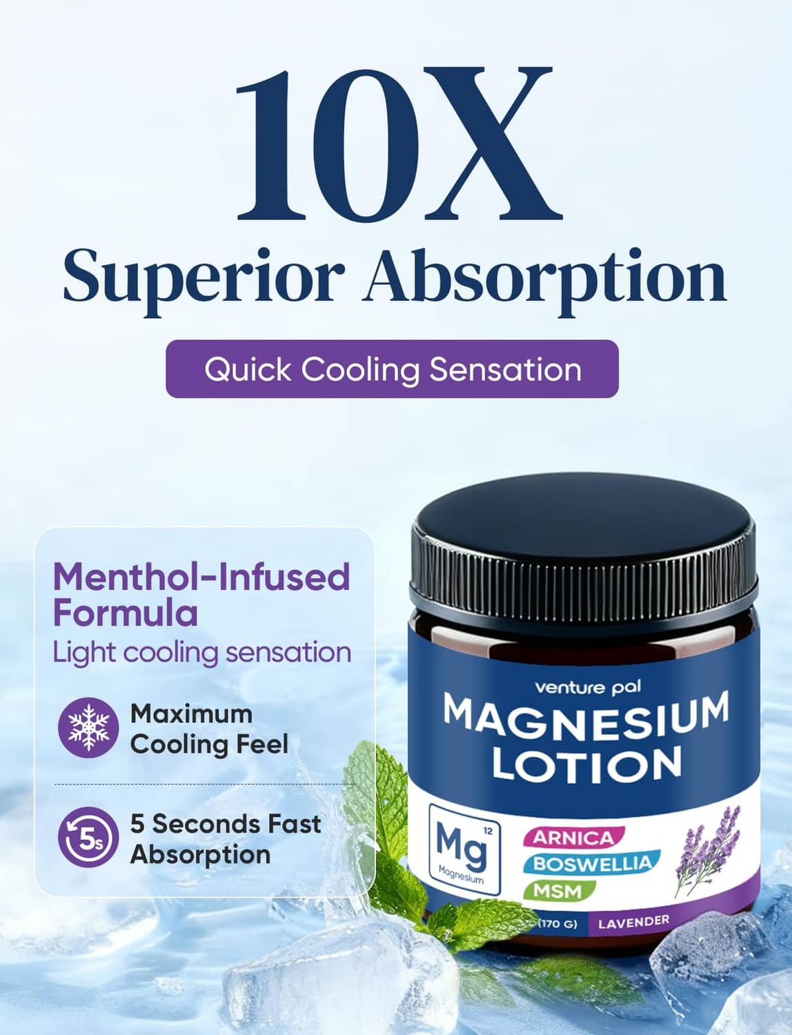 Lavender magnesium lotion bottle with black cap, 10x absorption and cooling sensation badge