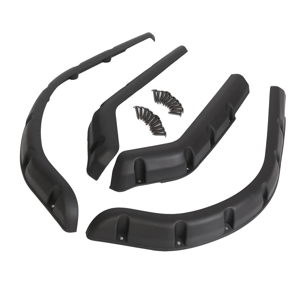 Set of 4 black golf cart fender flares with mounting hardware on a white background
