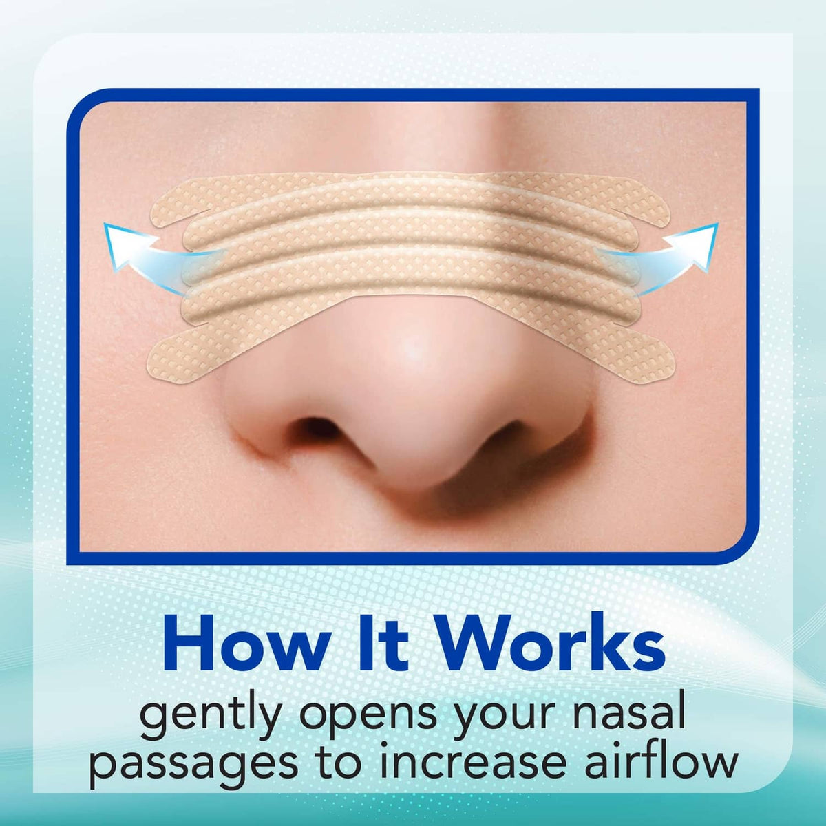 How it works nasal strips graphic with tan strips over the nose bridge.