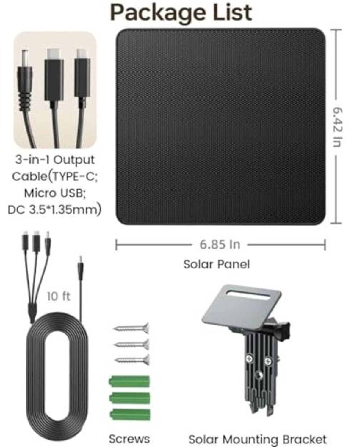 Solar panel kit package with mounting bracket, screws, cables, and 5000mAh battery