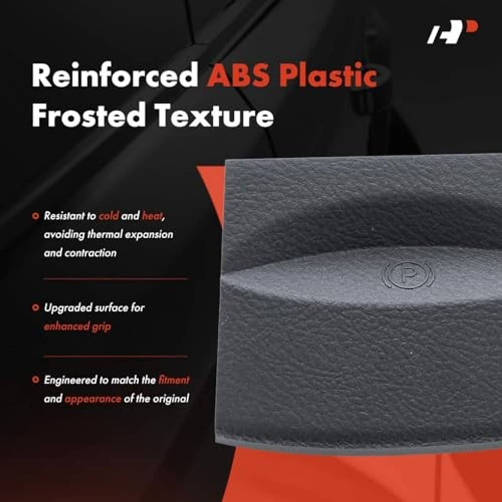 Gray textured parking brake release handle cover with frosted surface and molded P icon