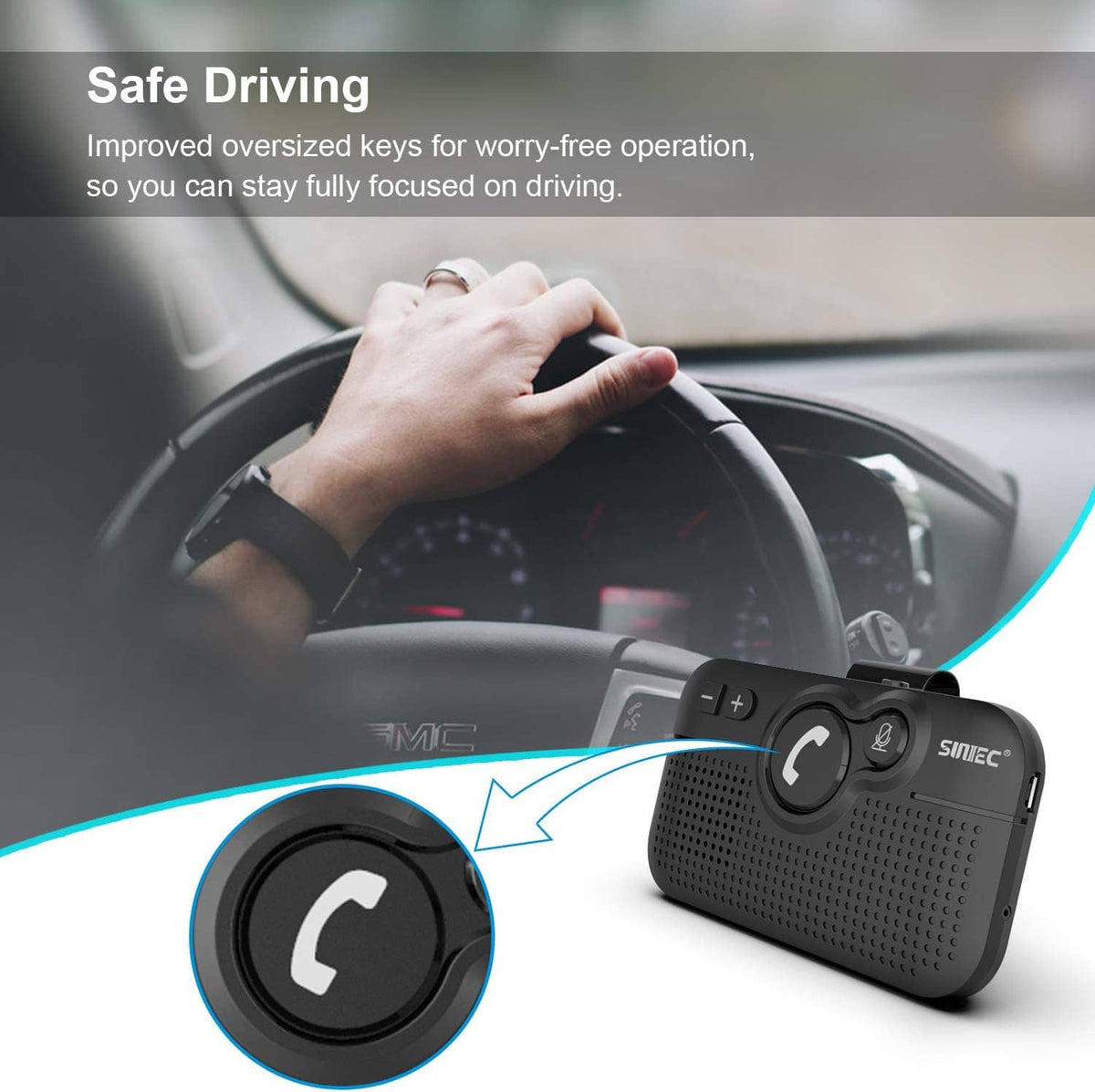 Black Bluetooth car speaker with call control and perforated front grille