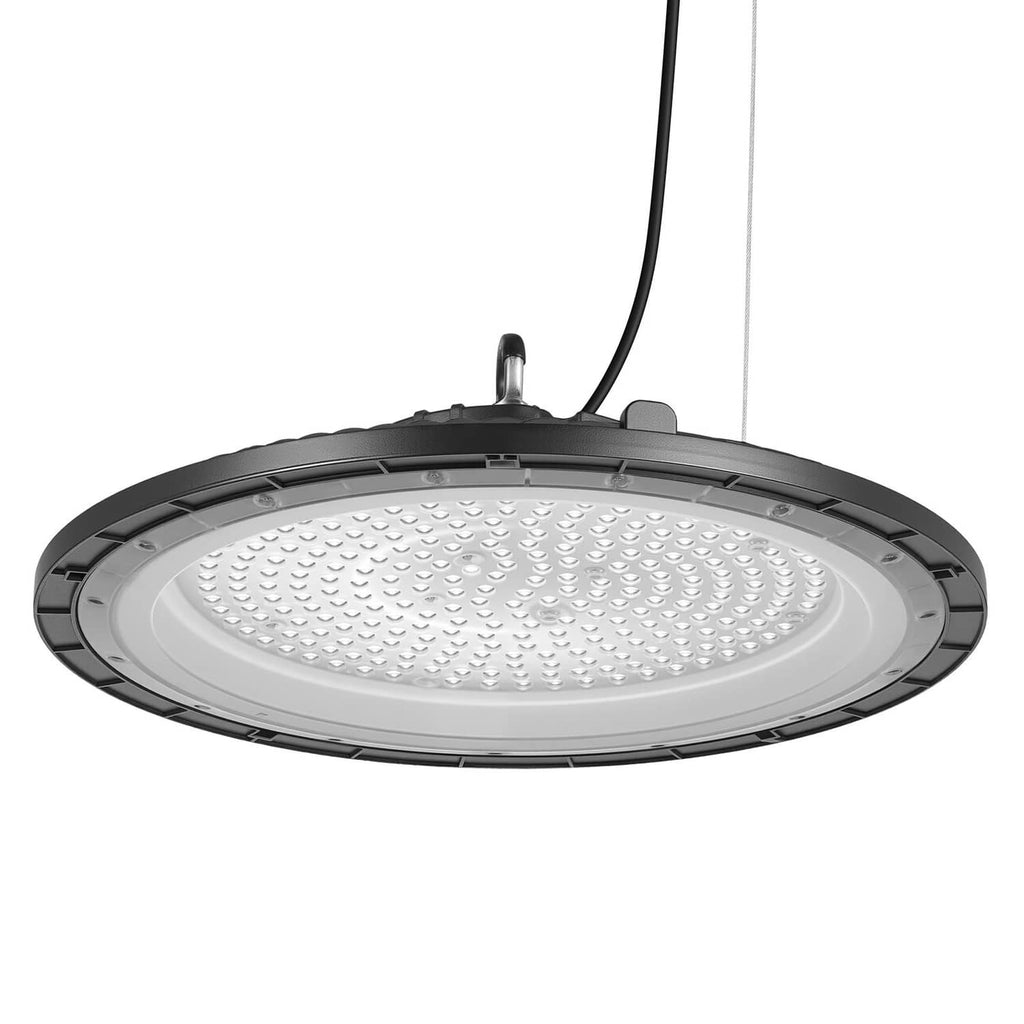 Round black LED high bay light fixture with textured lens diffuser surface