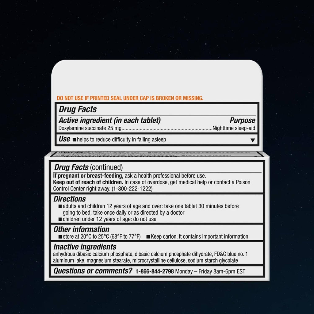 Unisom SleepTabs drug facts label on tablet box