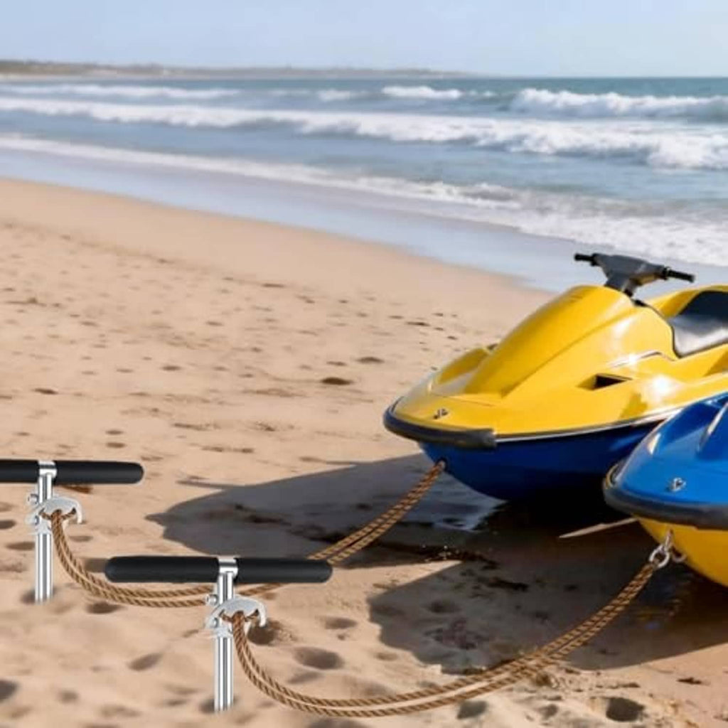 Screw-in anchor pole with black T-handle attached to a jet ski