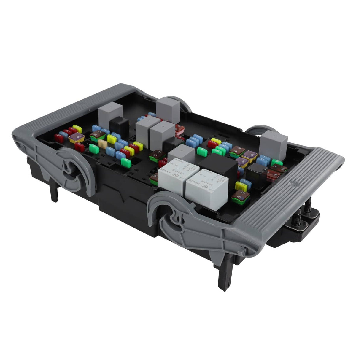 Electrical fuse relay junction block 3/4 view with open top showing fuses and relays