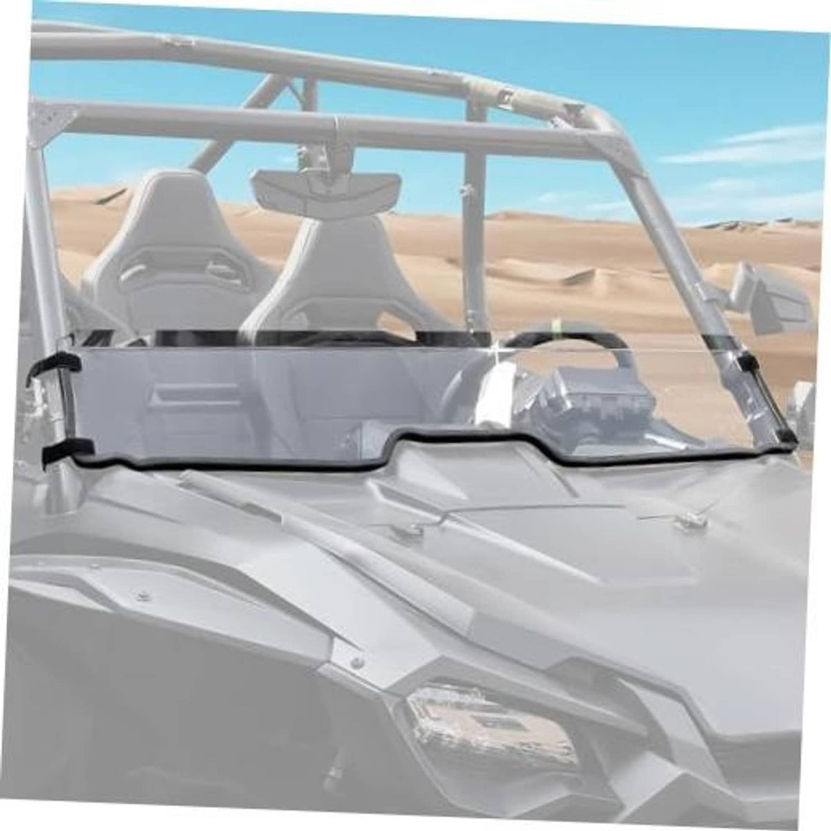 Clear front half UTV windshield with black mounting brackets