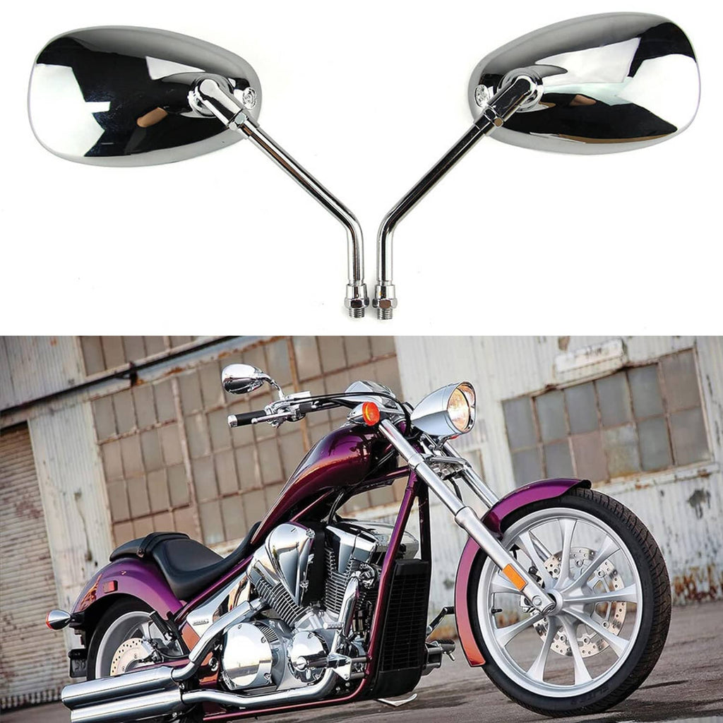 Chrome motorcycle mirrors with oval reflective shells and long mounting stems