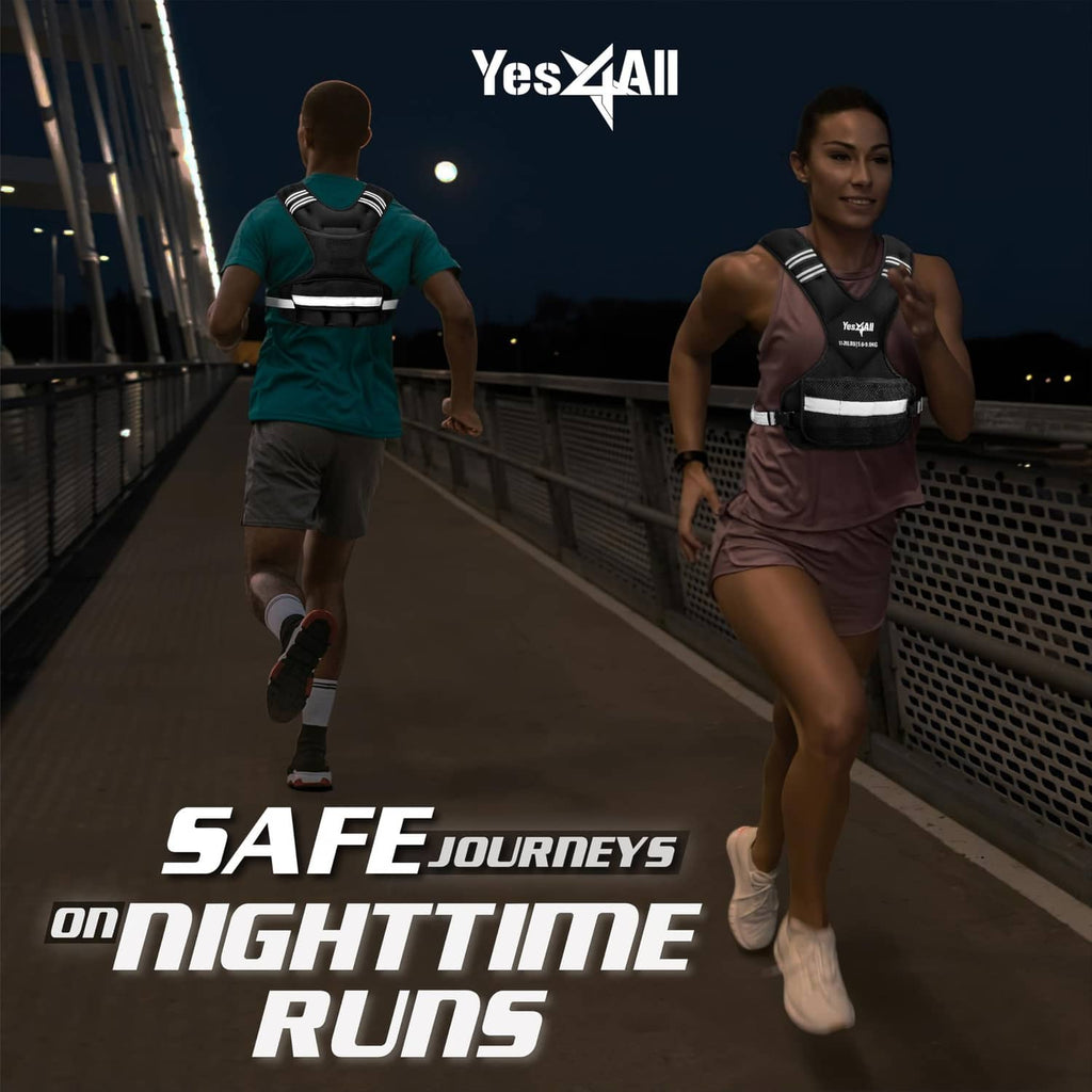 Black weighted vest with reflective stripes, worn at night running