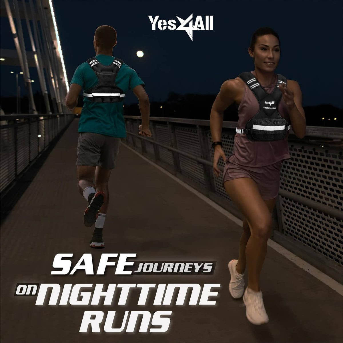 Black weighted vest with reflective stripes, worn at night running