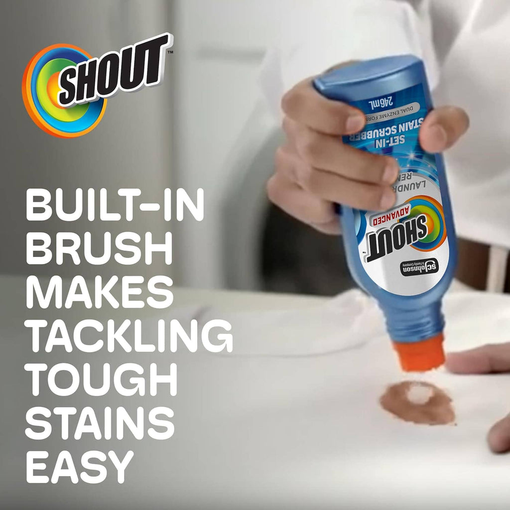 Blue Shout Advanced stain remover gel with built-in brush held in a hand.