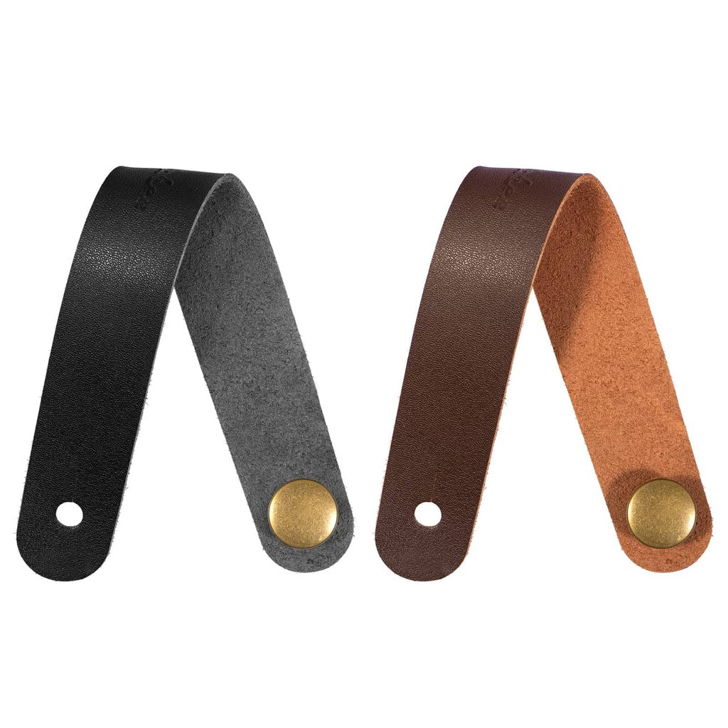 Black and brown leather guitar headstock strap tie adapters with brass button fasteners