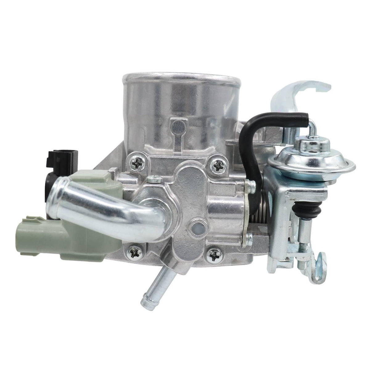 Throttle body valve assembly with silver coolant ports and black wiring connector