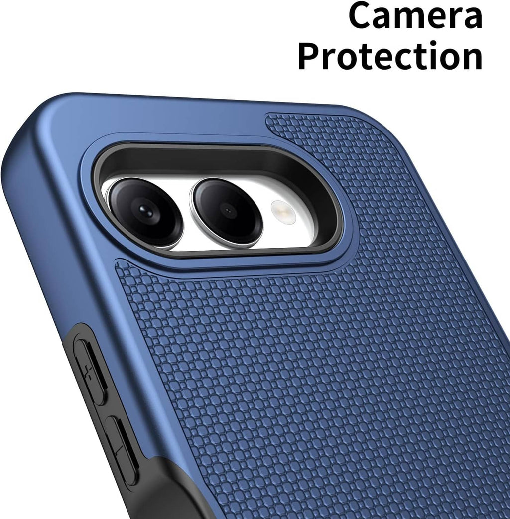 Blue textured phone case showing camera protection around lens cutout