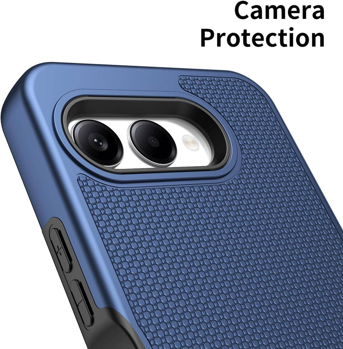 Blue textured phone case showing camera protection around lens cutout