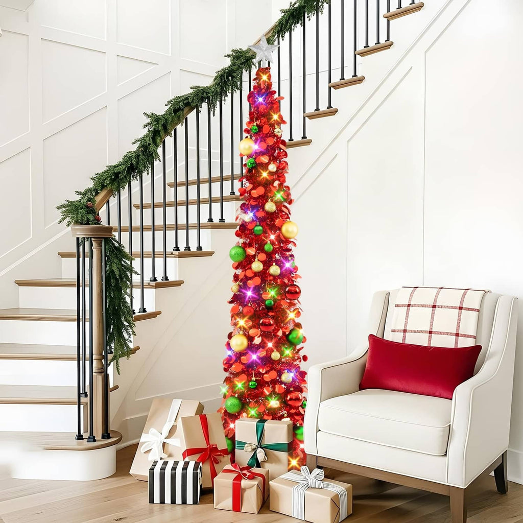 Red 6ft pop-up Christmas tree with colorful LED lights, ornaments, and star tree topper.