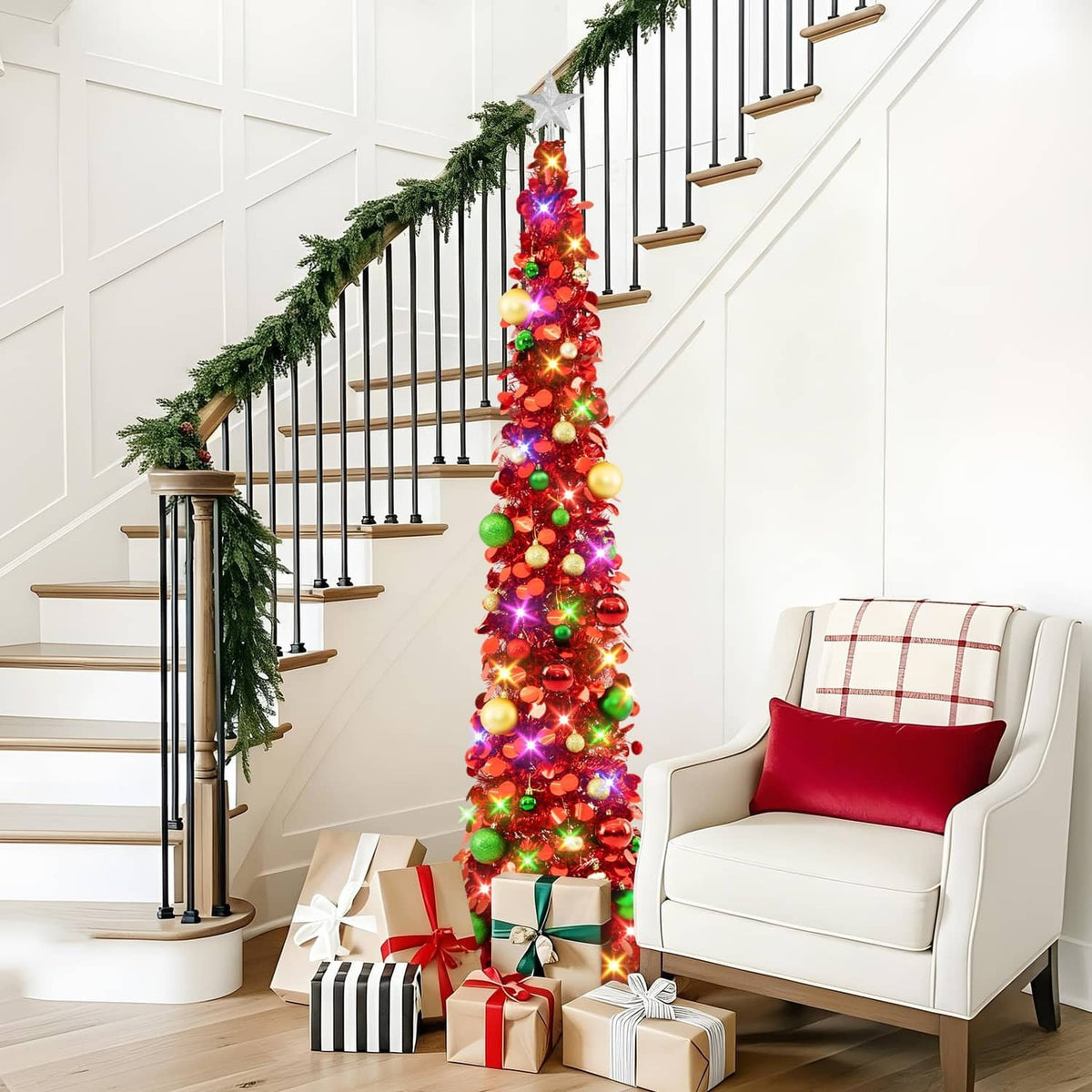 Red 6ft pop-up Christmas tree with colorful LED lights, ornaments, and star tree topper.