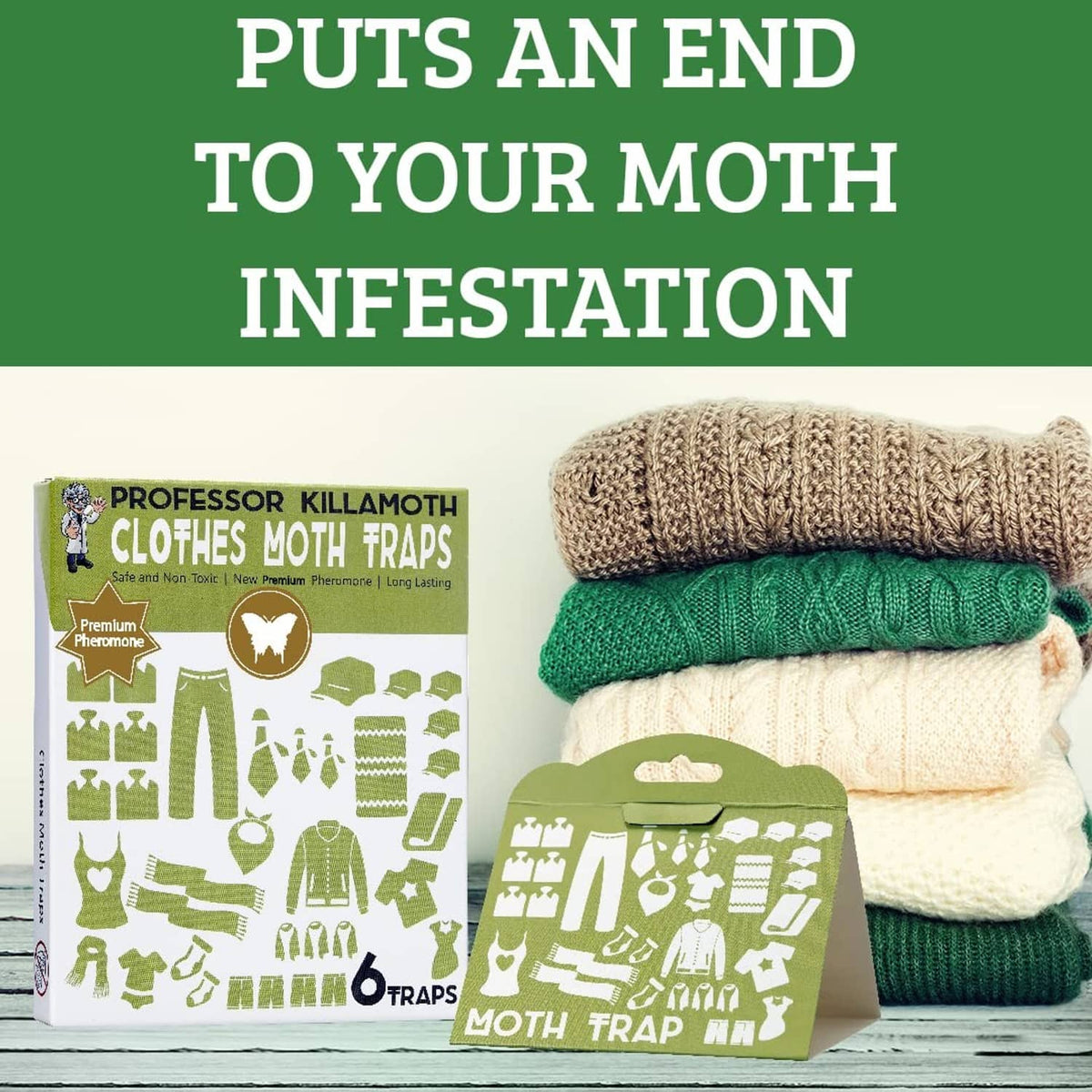 Clothes moth traps kit with green box and folded sweater stacks