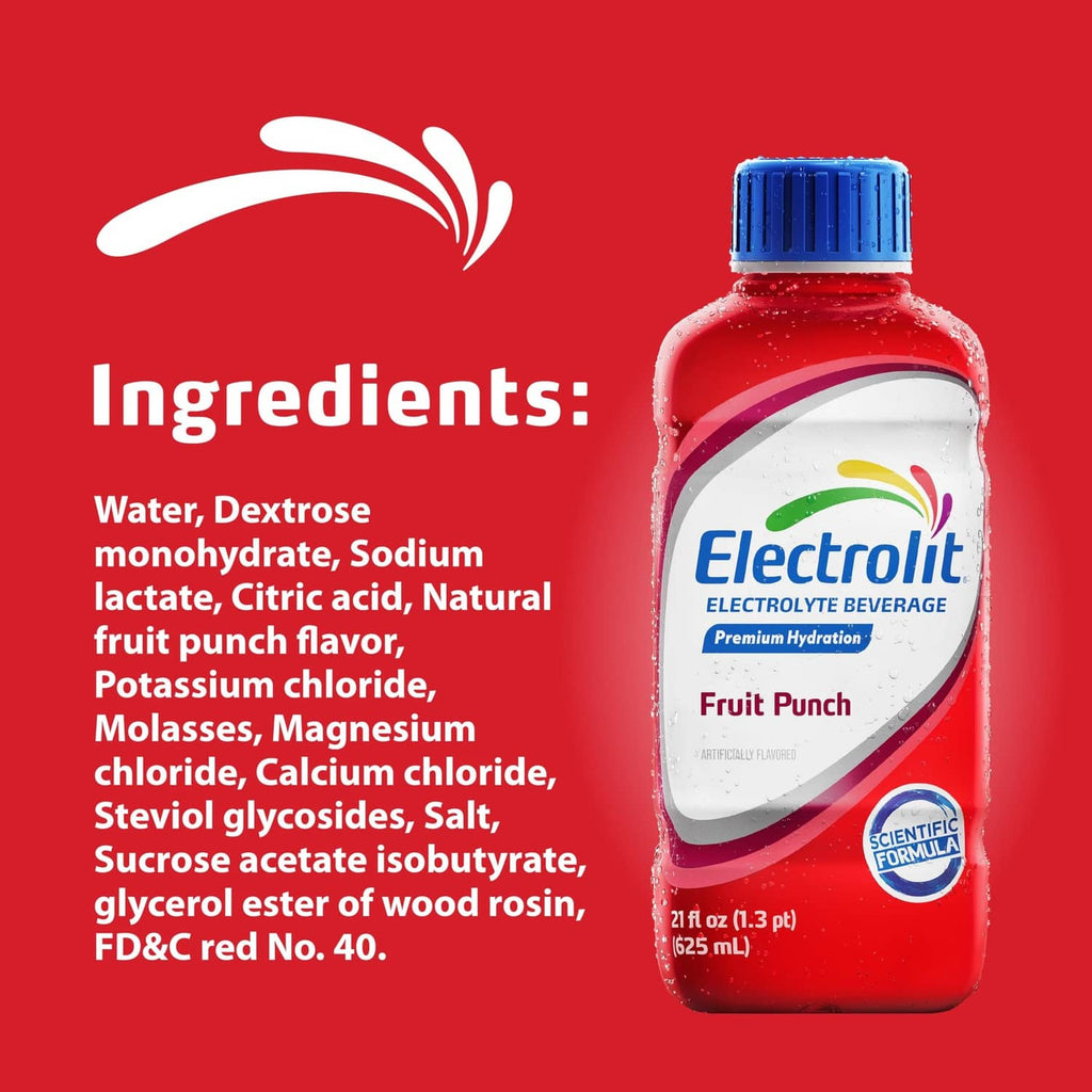 Electrolyte fruit punch bottle label with Ingredients list