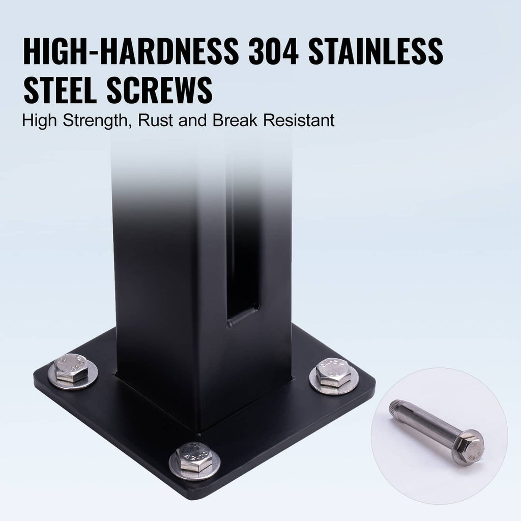 Black railing post base with hex bolts and stainless mounting screws