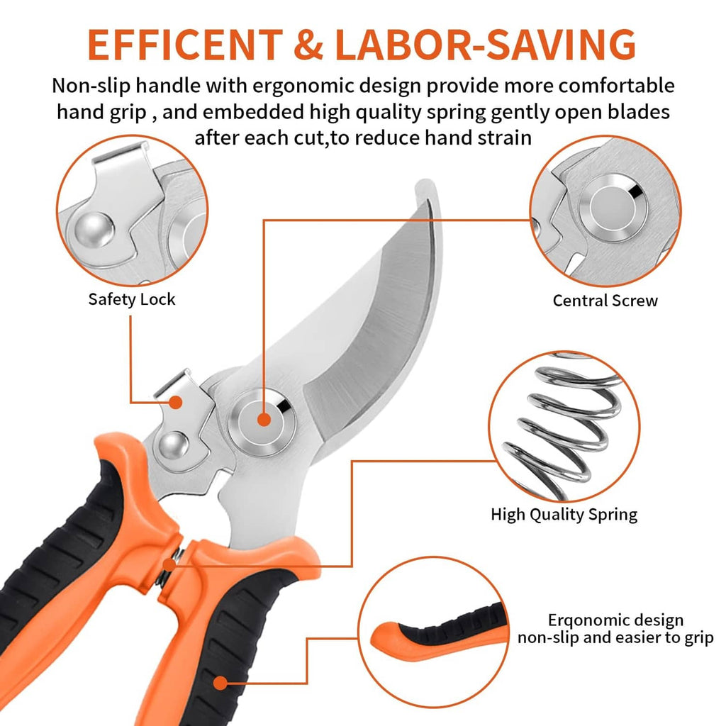 Ergonomic pruning shears with orange-and-black non-slip grips and stainless blade