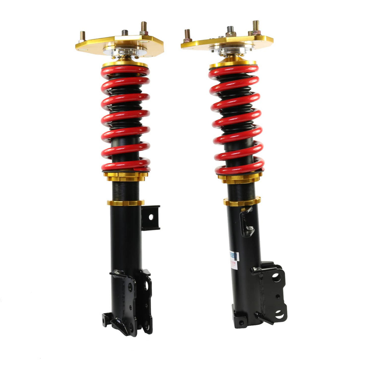 Two adjustable coilover struts showing red springs, black shocks, gold top mounts